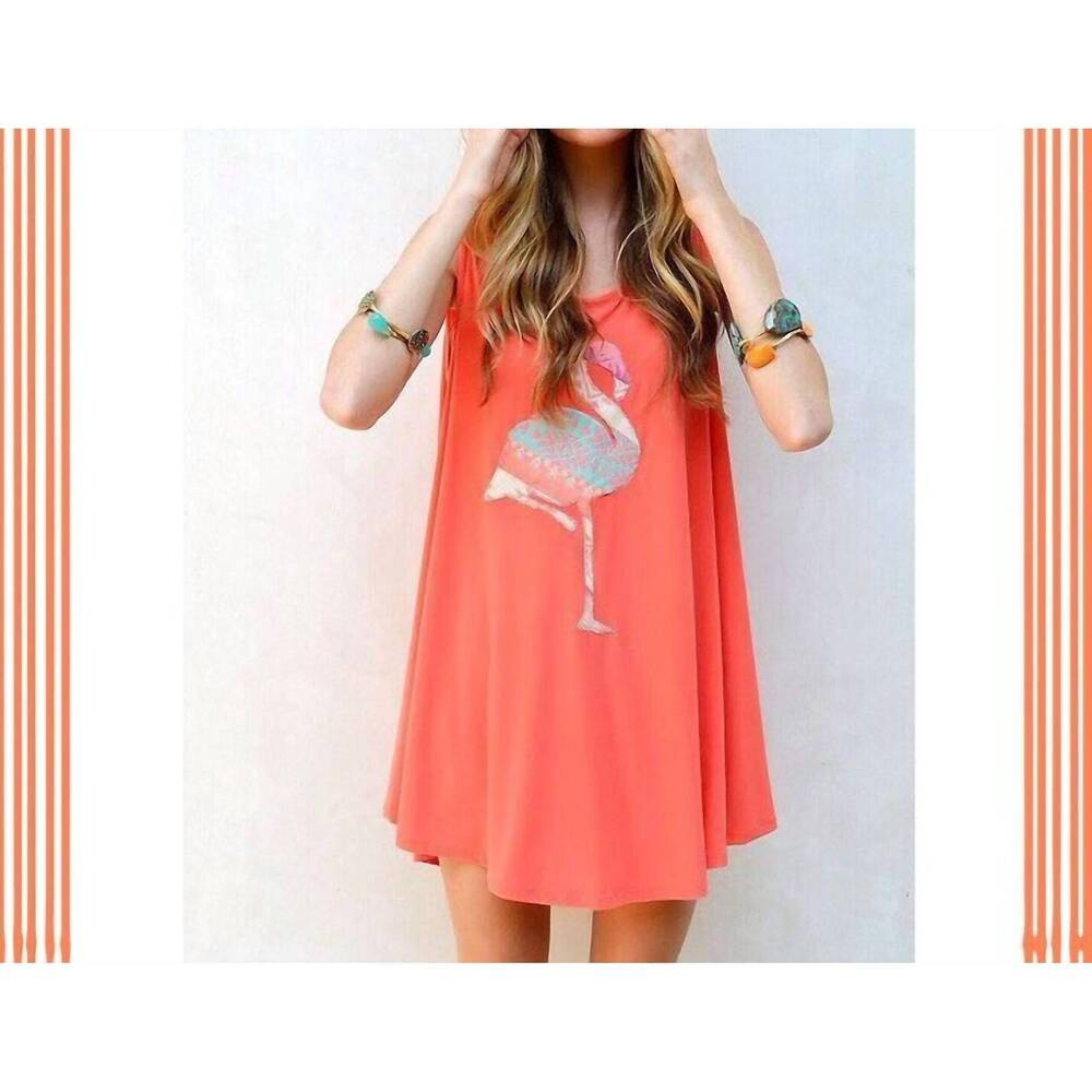 NEW JUDITH MARCH shift dress with flamingo applique in melon